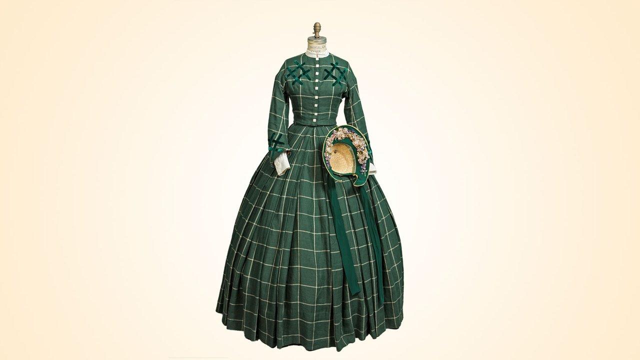A linen dress with cotton collar and pearl buttons for Emma Green (Hannah James). (PBS, Sketches courtesy Amy Andrews Harrell) 