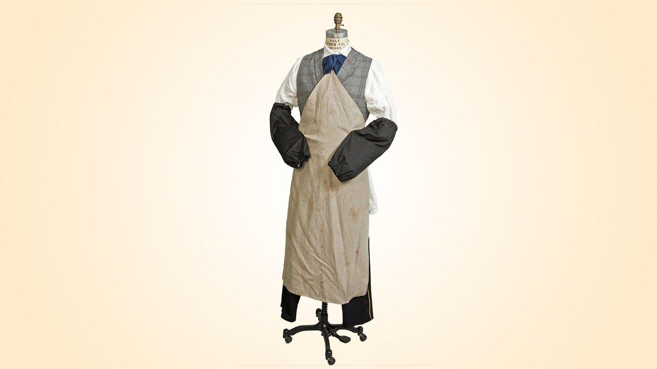 A cotton and wool outfit with silk tie and linen apron for Jed Foster (Josh Radnor). (PBS, Sketches courtesy Amy Andrews Harrell)