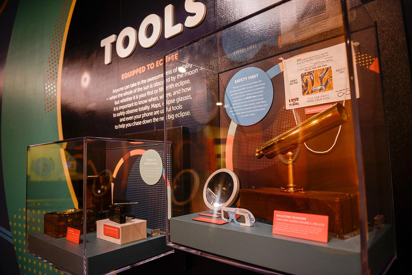 Eclipse-watching tools, old and new, at the Adler Planetarium's Chasing Eclipses exhibit. Photo: Adler Planetarium