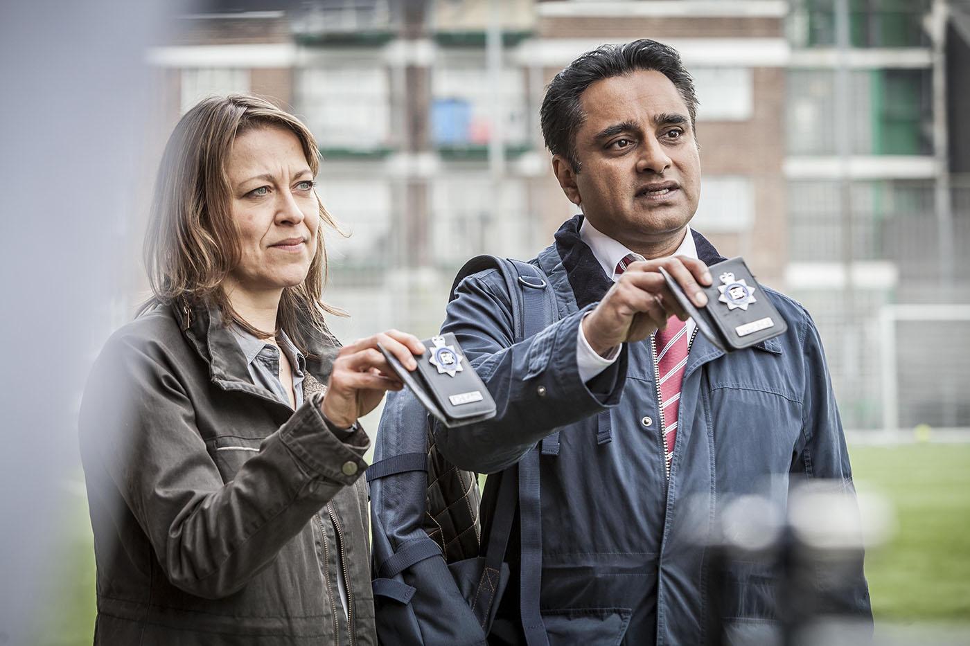 Cassie Stuart (Nicola Walker) and Sunny Khan (Sanjeev Bhaskar) in Unforgotten. Photo: John Rogers/Mainstreet Pictures