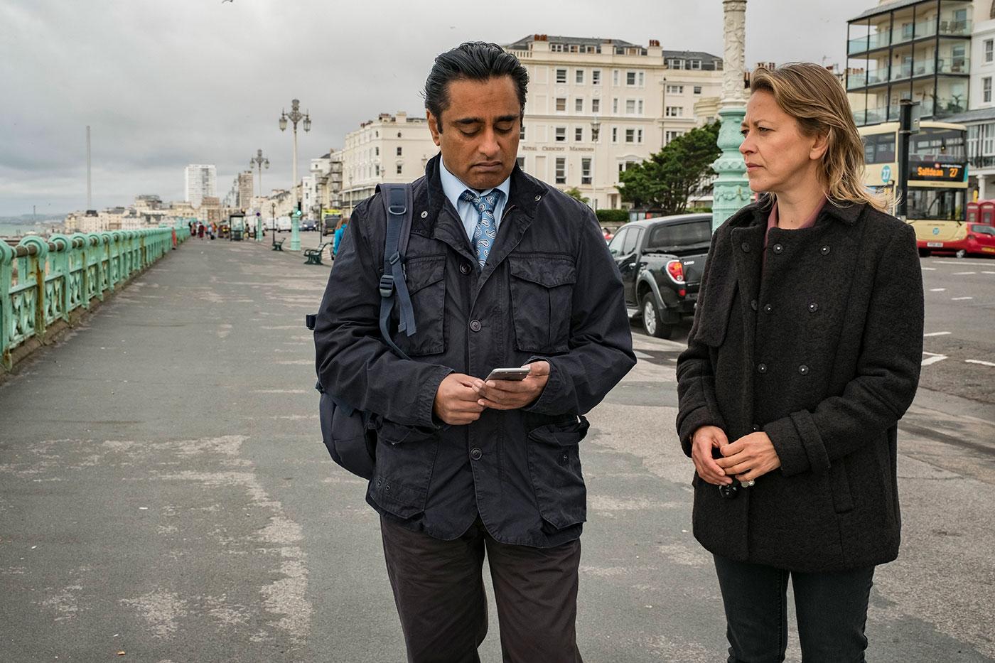 Nicola Walker as DCI Cassie Stuart and Sanjeev Bhaskar as DS Sunny Khan. Photo: John Rogers/Mainstreet Pictures