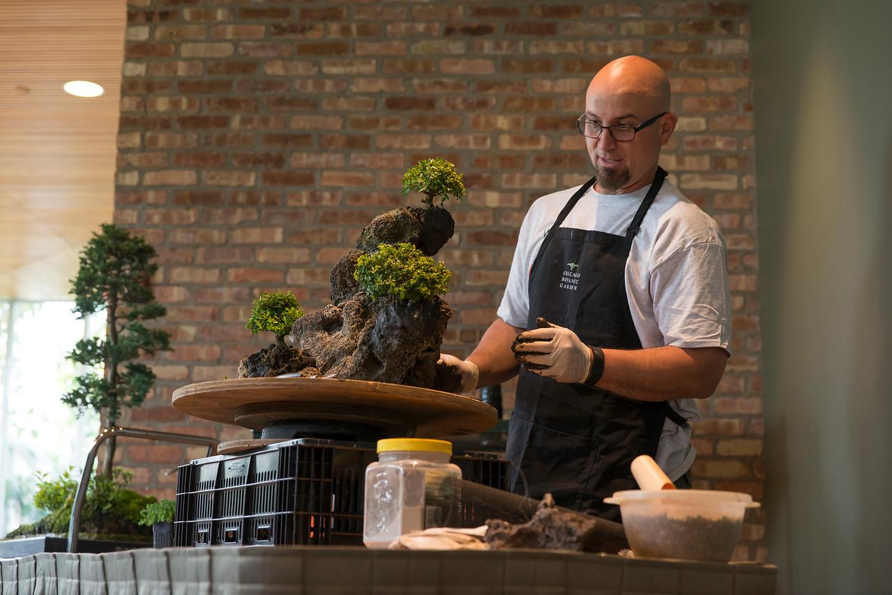 Chris Baker and bonsai. Photo: Chicago Botanic Photos
