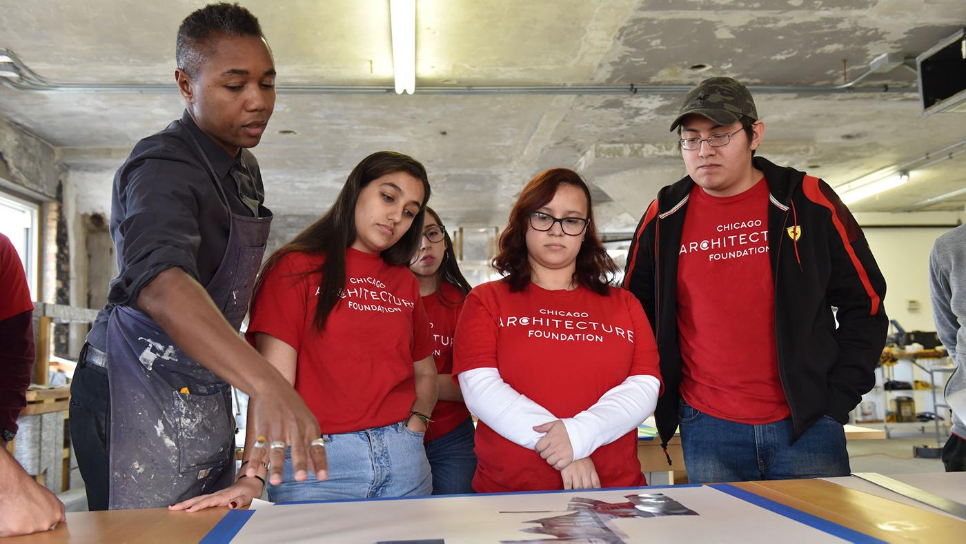Chicago Architecture Center Teen Fellows at Marshall Brown's studio in 2017. Photo: Chicago Architecture Center