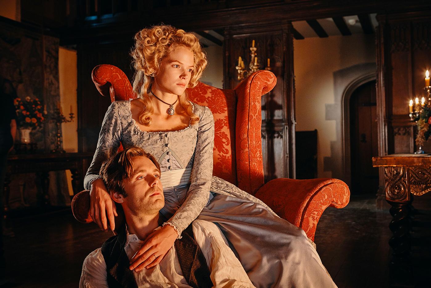 Luke Norris as Dwight and Garbriella Wilde as Caroline in Poldark. Photo: Mammoth Screen for BBC and MASTERPIECE
