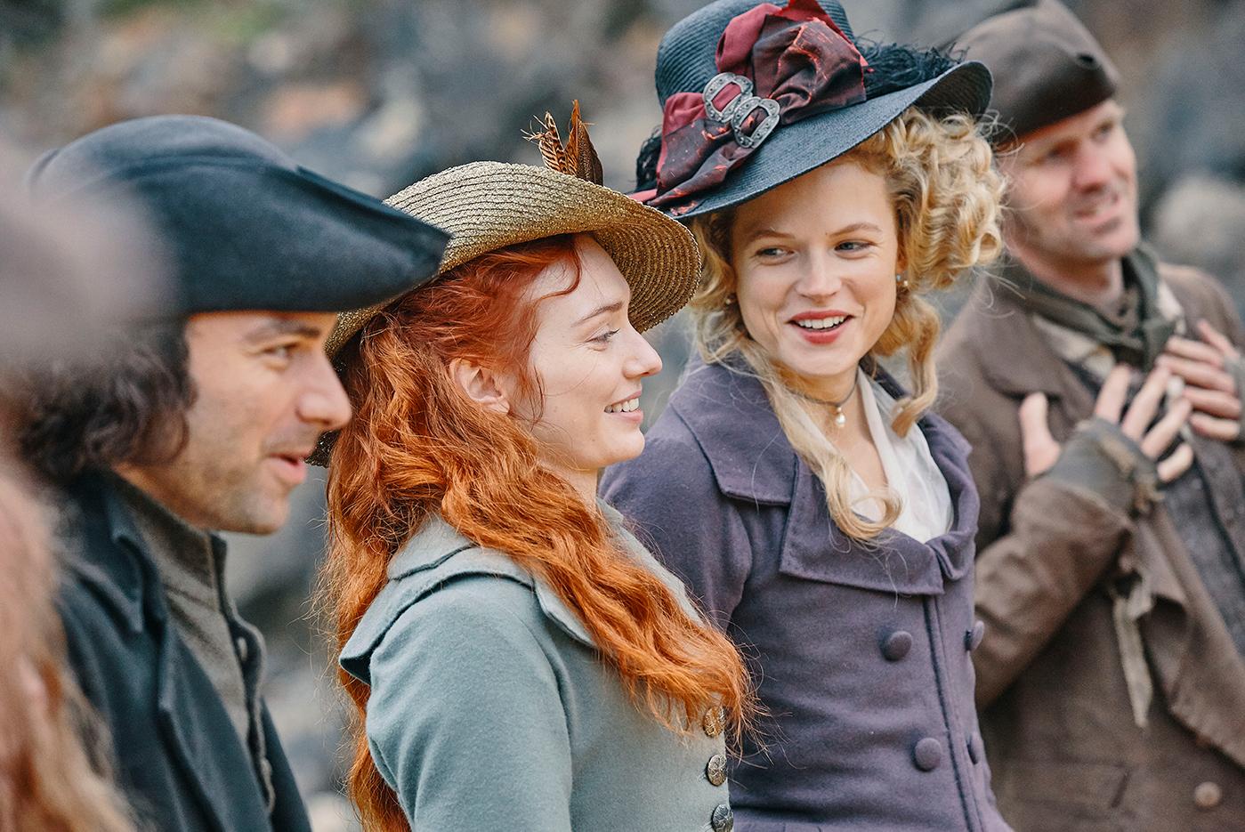 Aidan Turner as Ross, Gabriella Wilde as Caroline, and Eleanor Tomlinson as Demelza in Poldark. Photo: Mammoth Screen for BBC and MASTERPIECE