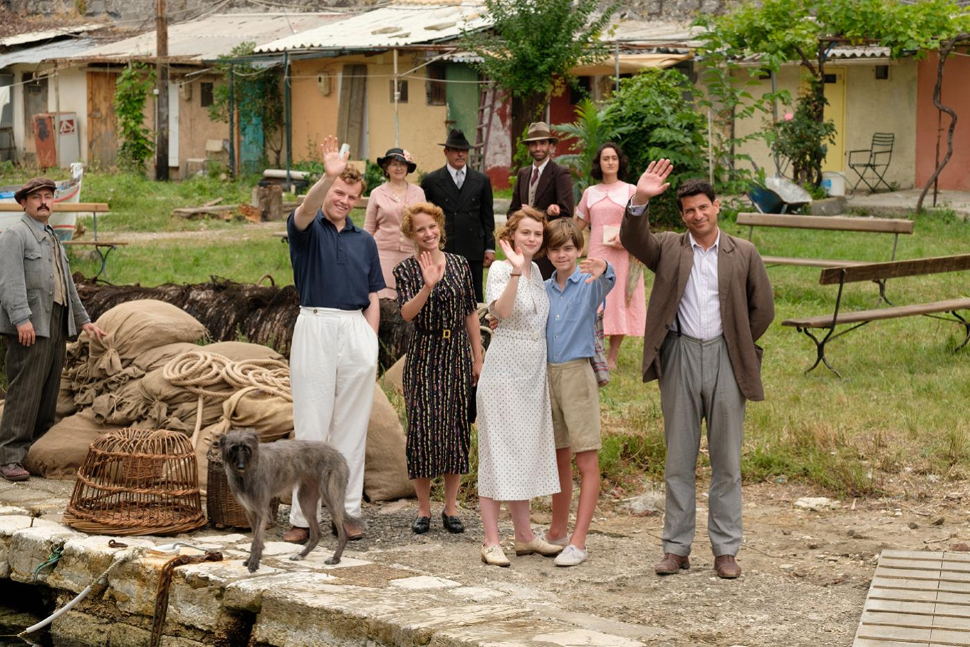 Lawrence Durrell (JOSH O’CONNOR), Daphne (ELLI TRINGOU), Margo Durrell (DAISY WATERSTONE), Gerald Durrell (MILO PARKER) & Spiro (ALEXIS GEORGOULIS) in The Durrells in Corfu. Photo: Joss Barratt for Sid Gentle Films & MASTERPIECE