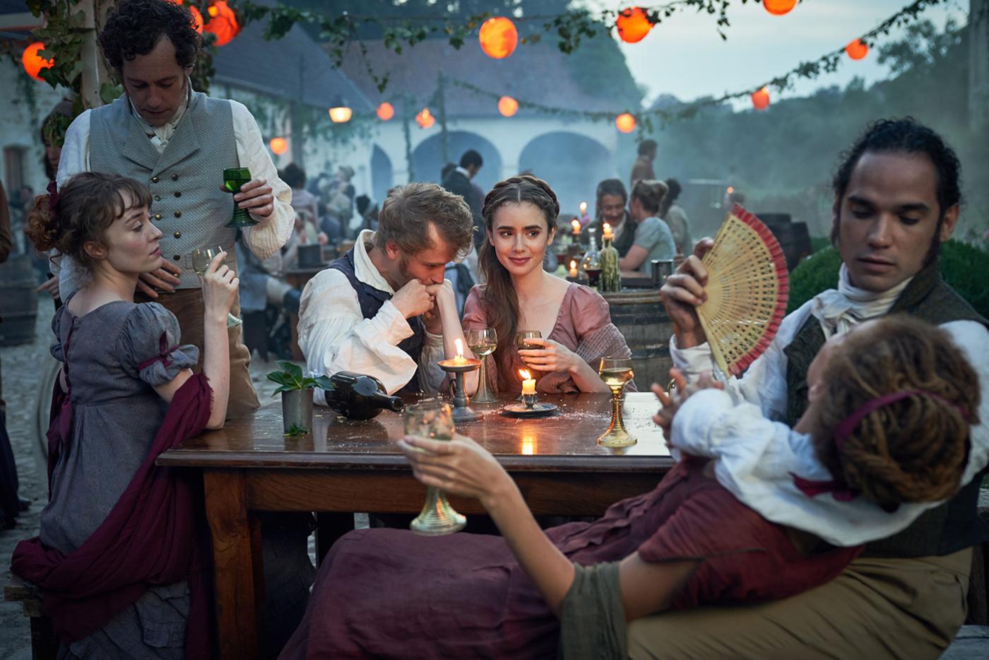 Favourite (Charlotte Dylan), Blacheville (Matthew Steer), Felix (Johnny Flynn), Fantine (Lily Collins), Fameuil (Reece Ritchie), Zephine (Ayoola Smart) in Les Miserables. Photo: Robert Viglasky / Lookout Point