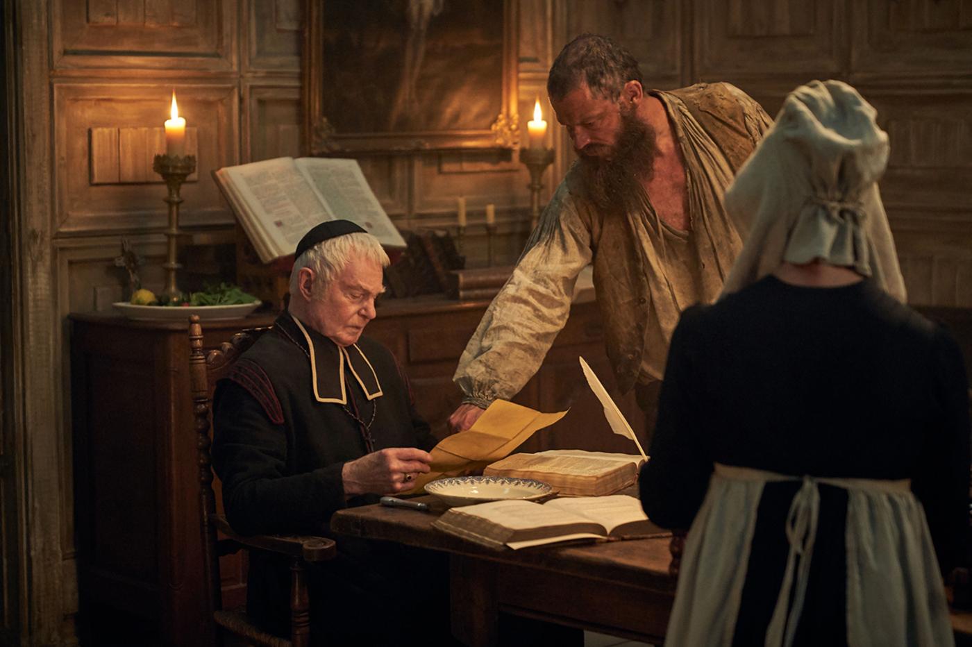 Bishop Myriel (Derek Jacobi), Jean Valjean (Dominic West), Madame Magloire (Hayley Carmichael) in Les Miserables. Photo: Robert Viglasky / Lookout Point