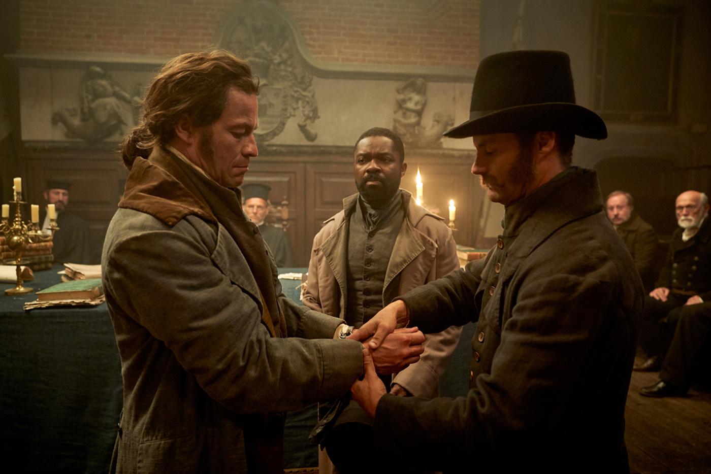 Jean Valjean (Dominic West) is arrested by Javert (David Oyelowo) in Les Miserables. Photo: Robert Viglasky / Lookout Point