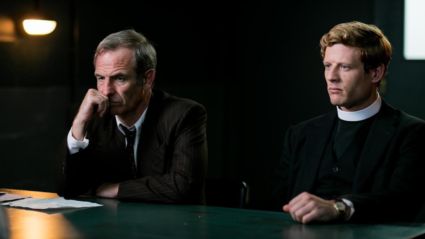 Robson Green as Geordie Keating and James Norton as Sidney Chambers in Grantchester. Photo: Kudos and MASTERPIECE