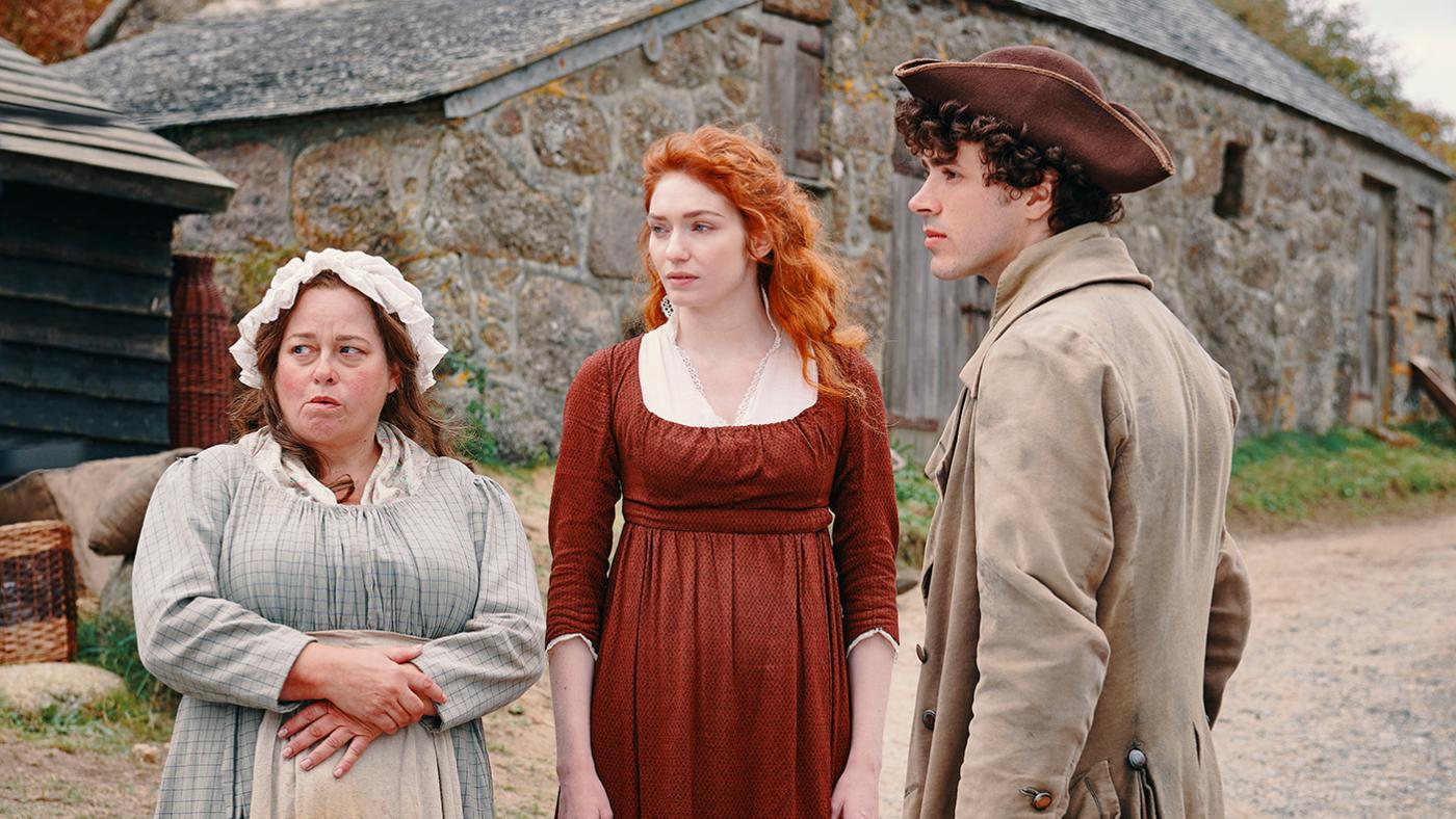 Prudie, Demelza, and Drake in season 5 of Poldark. Photo: Mammoth Screen