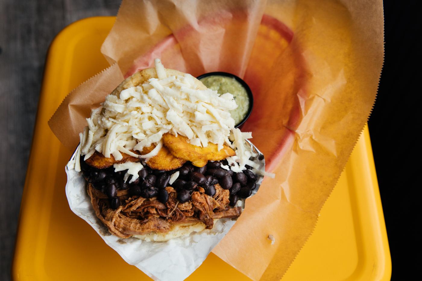 A pabellón arepa at Sweet Pepper Venezuelan Food Bar. Photo: Sandy Noto for WTTW