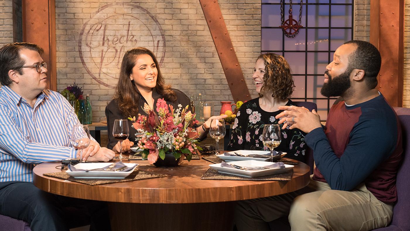 Alpana Singh with guests in season 19 of Check, Please! Photo: WTTW/Ken Carl