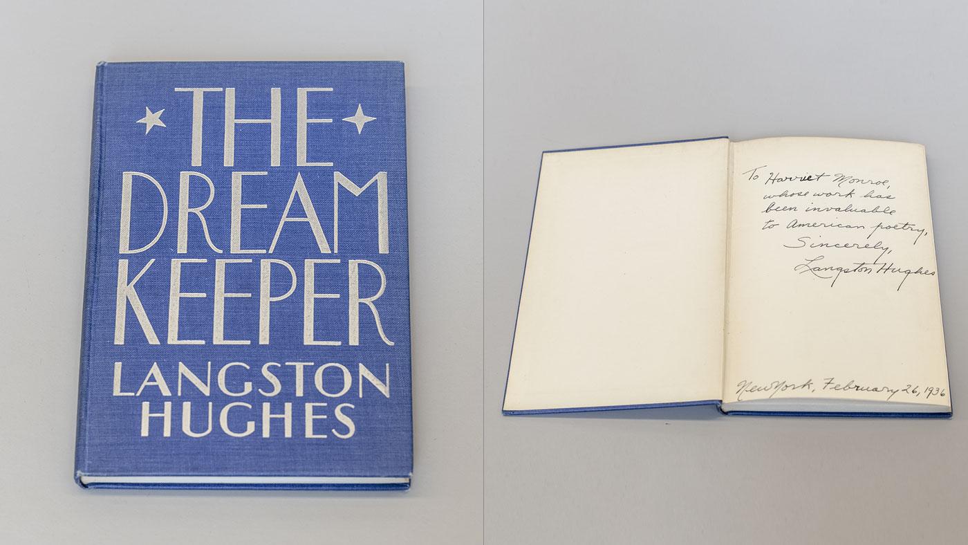 A copy of Langston Hughes's 'The Dream Keeper' with an inscription to Harriet Monroe. Photo: Courtesy of the Poetry Foundation 