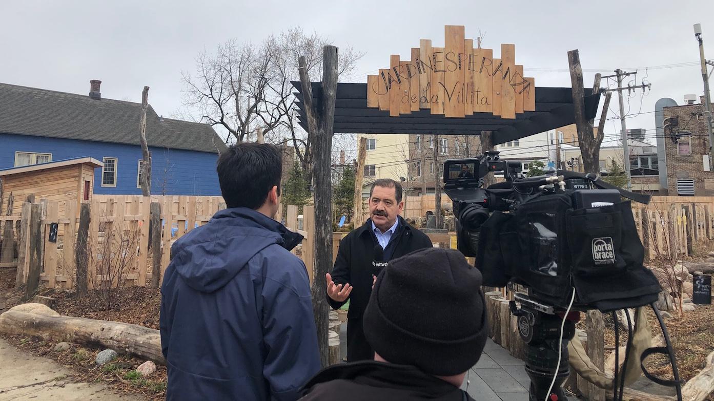 Paris Schutz interviewing U.S. Representative Jesus “Chuy” Garcia in Little Village on March 26