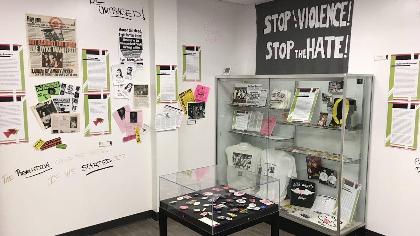 An exhibit room in the Gerber/Hart Library and Archives