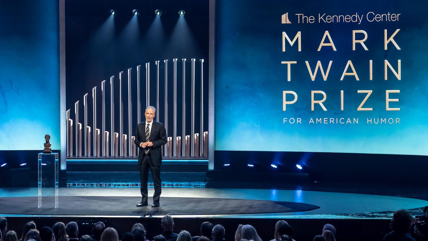Jon Stewart receiving the Mark Twain Prize. Photo: Scott Suchman