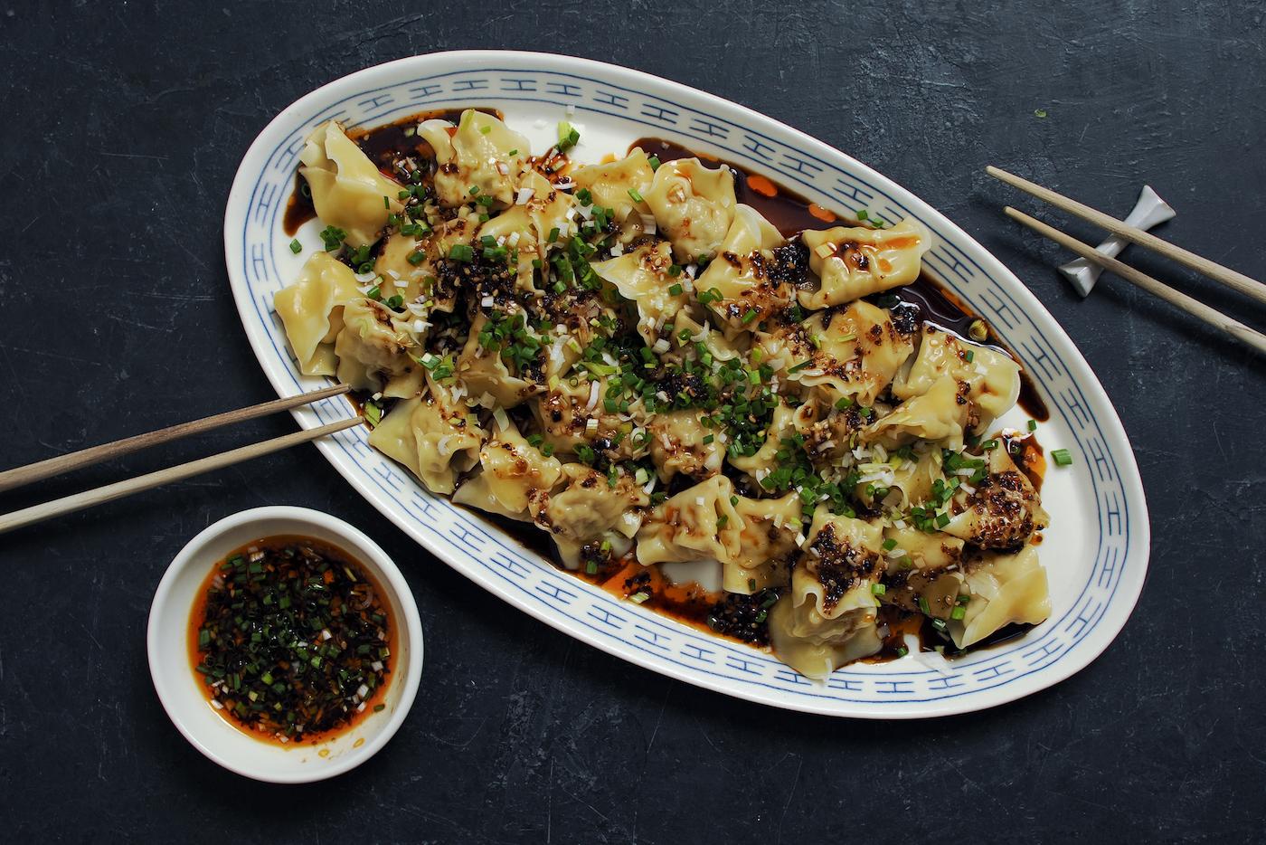 Wontons made by Danielle Chutinthranond on a platter made by her.