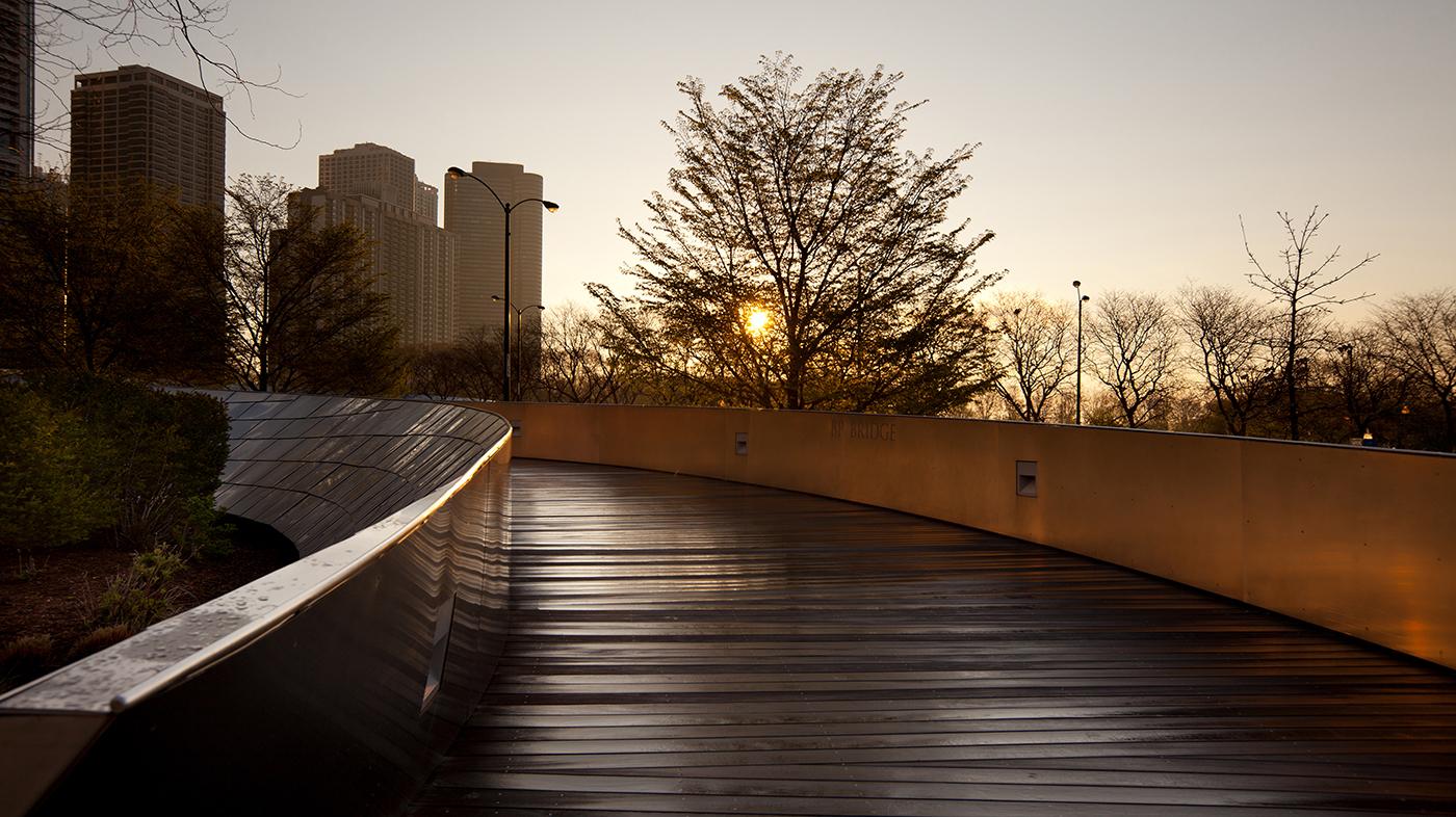 The pedestrian bridge between Millennium and Maggie Daley Parks in Chicago