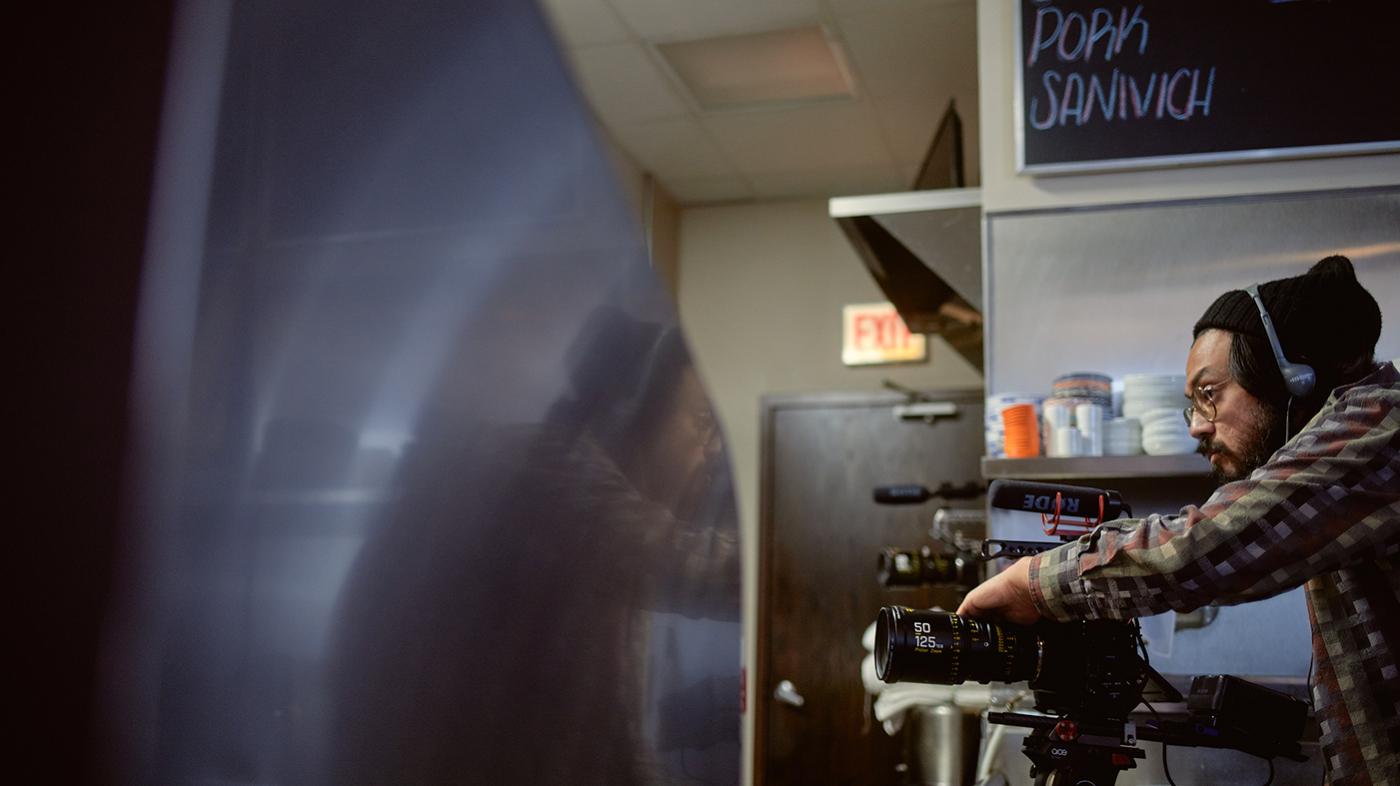 Dustin Nakao-Haider filming in Hermosa restaurant in Chicago