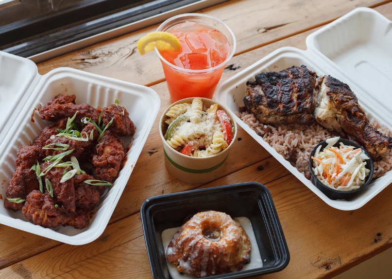 Chicken, a drink, pasta, and a cake from Be Irie