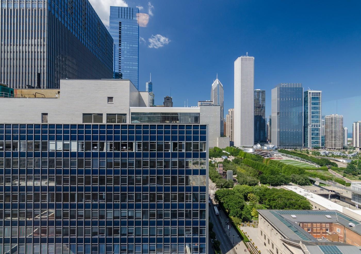 A view of Grant Park and the Chicago skyline from the Cliff Dwellers Club terrace