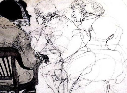 A courtroom illustration of Bobby Seale bound and gagged during the Chicago Eight conspiracy trial. Illustration: Franklin McMahon/Wikimedia Commons