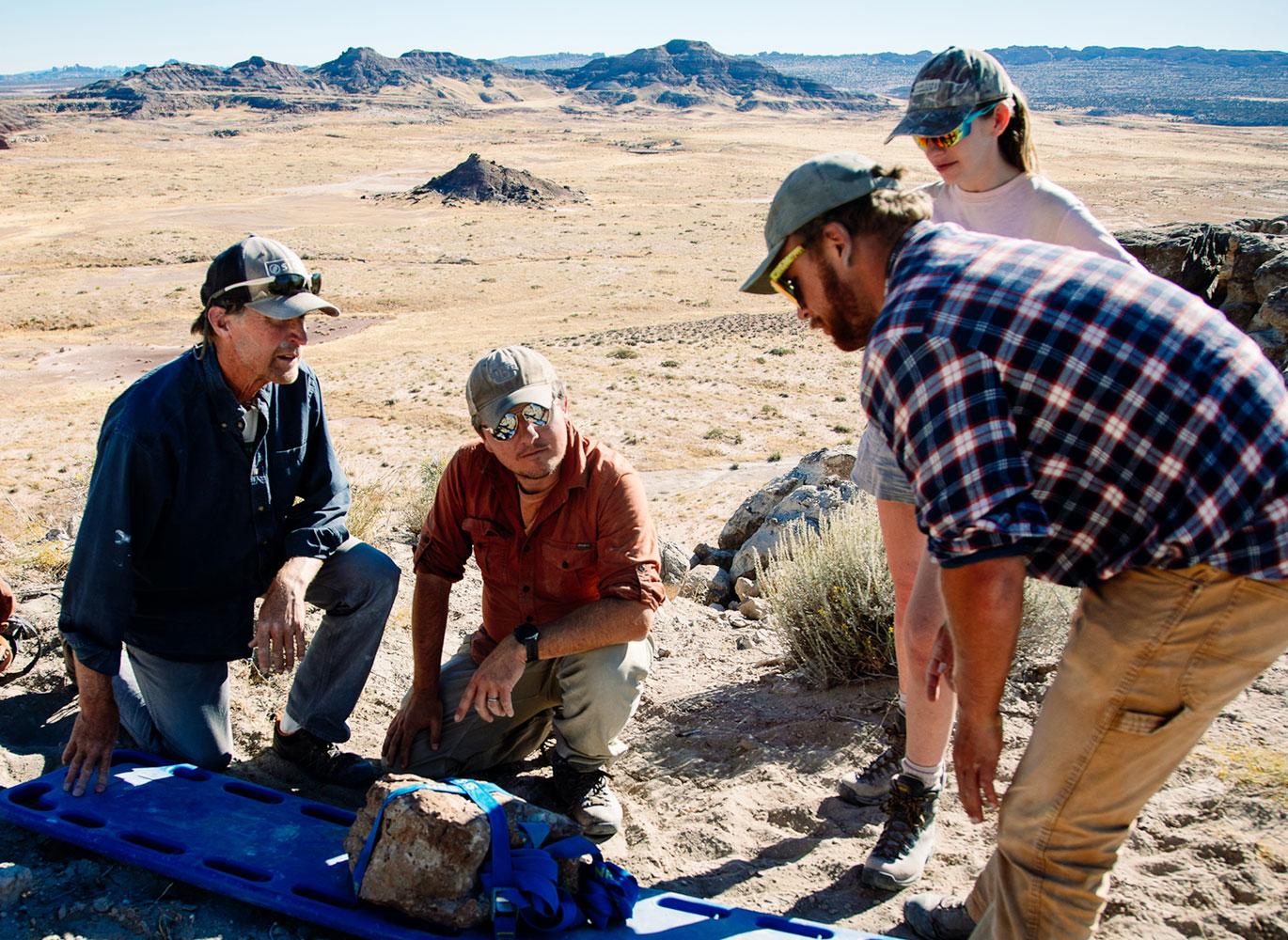 Utah, US - The dig team loads a fossilized footprint onto a stretcher for transportation Utah, US - The dig team loads a fossilized footprint onto a stretcher for transportation