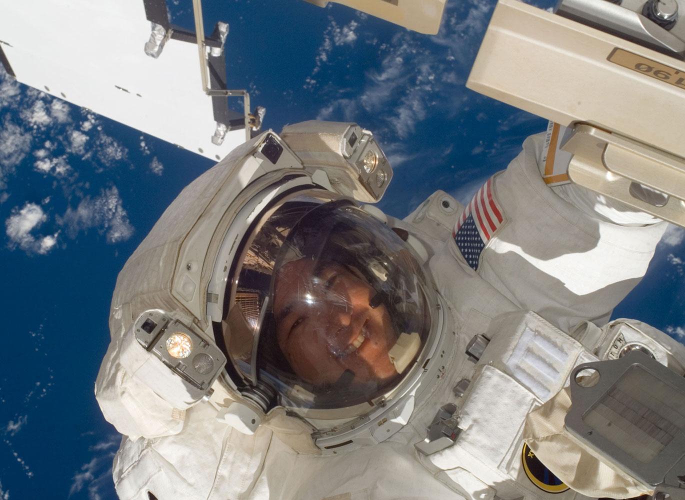 Daniel Tani during EVA, Expedition 16 mission aboard the International Space Station (ISS). January 2008.