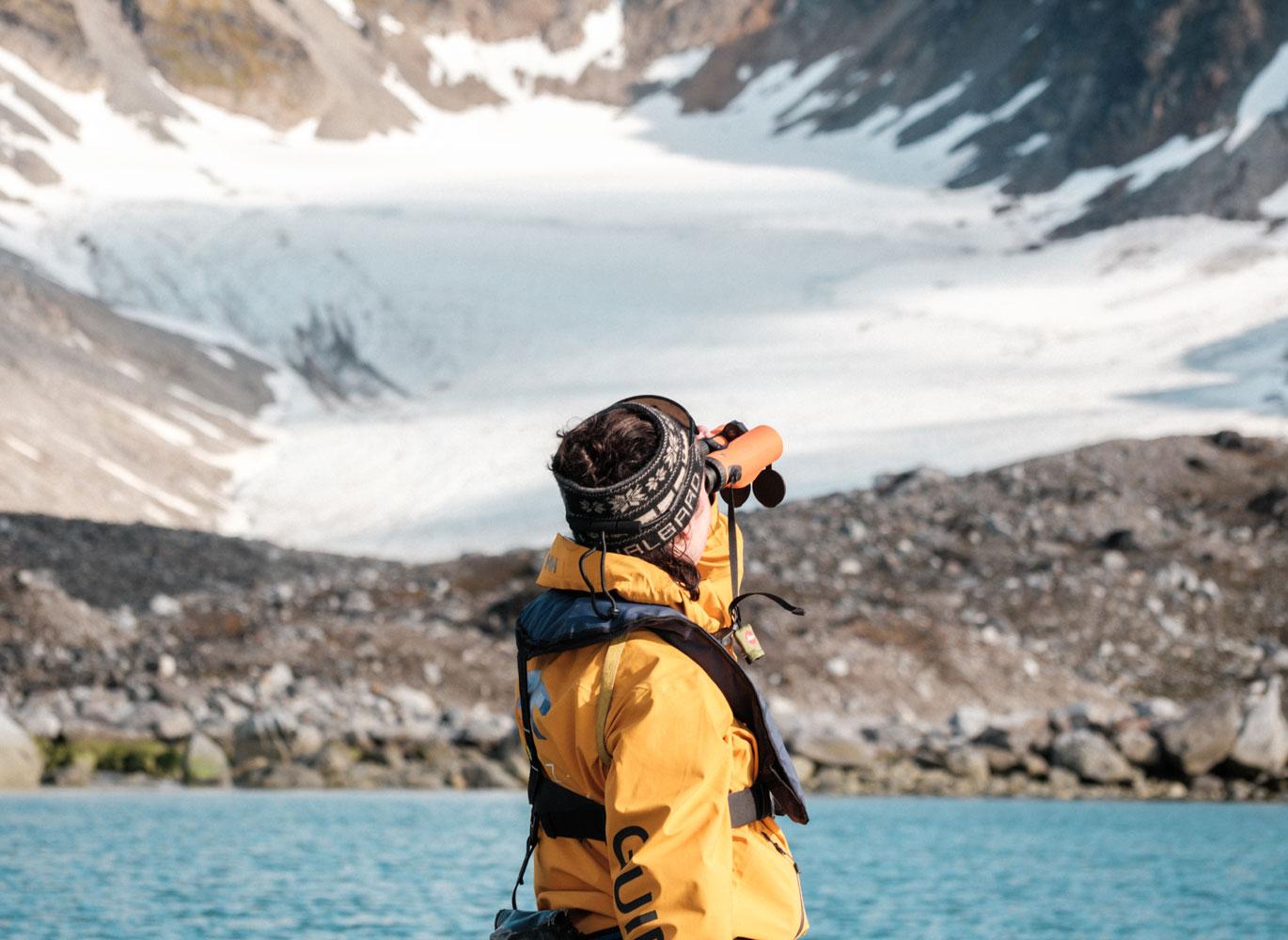 Fabienne in front of glacier in Svalbard