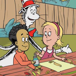 The Cat in the Hat creating art with kids.