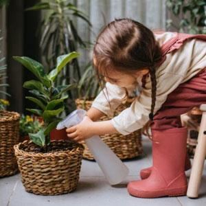 Little girl watering a plant