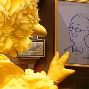 Big Bird and a drawing of Mr. Hooper. Image: Sesame Workshop