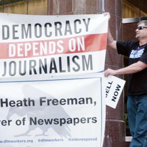 Journalists and activists protest outside the headquarters of hedge fund Alden Global Capital in 2019. Credit: Rick Goldsmith / Stripped for Parts: American Journalism on the Brink