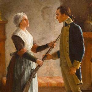A revolutionary soldier bidding farewell to his wife. Painting by Jennie Augusta Brownscombe.