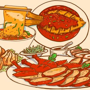 Illustrations of Chinese dishes, from biang biang noodles on a chopstick to a whole fish to sliced roast duck