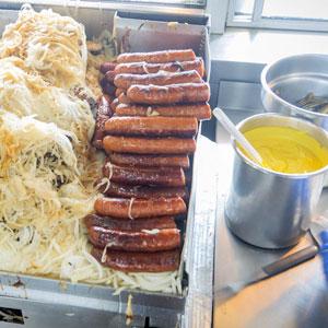 Sweet griddled onions, Maxwell Street polish sausages