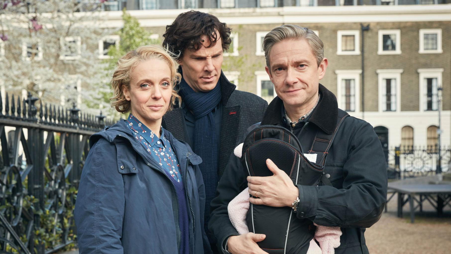 "The Six Thatchers" features a significant birth and a shocking death. (Robert Viglasky/Hartswood Films 2016 for MASTERPIECE) Mary, Sherlock, and John with baby Rosamund in Season 4.