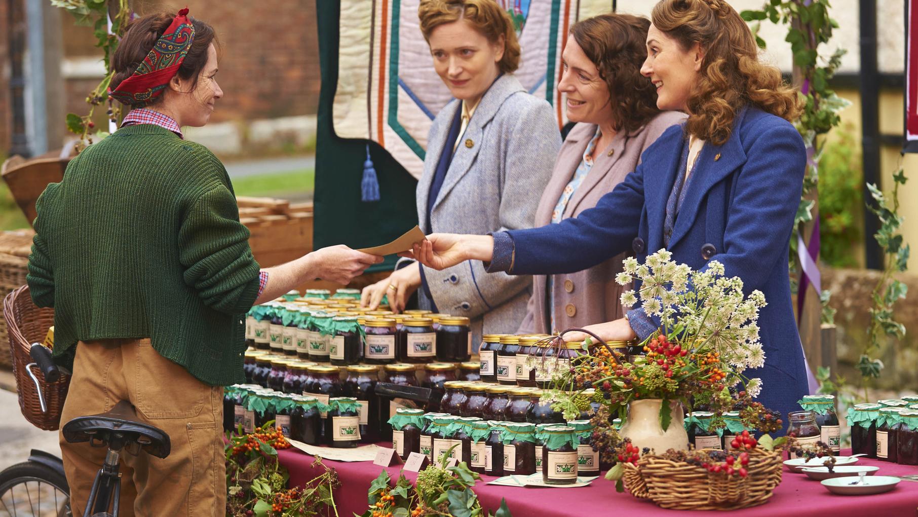 CLARE CALBRAITH as Steph Farrow, CLAIRE PRICE as Miriam Brindsley, CLAIRE RUSHBROOK as Pat Simms, and RUTH GEMMELL as Sarah Collingborne. Photo: Stuart Wood/ITV Studios for MASTERPIECE