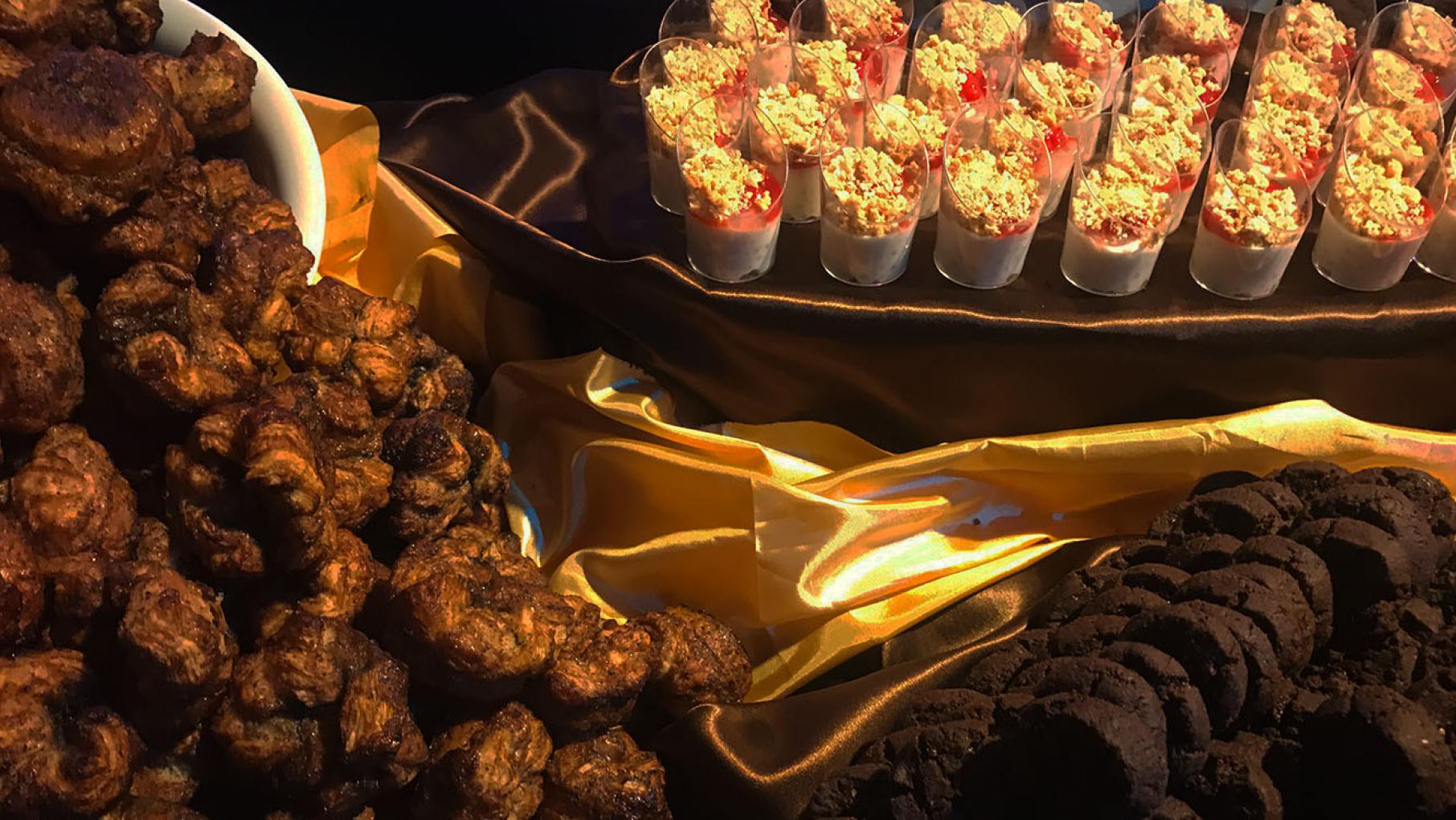 A spread of black seasame kouign-amann, lychee-coconut tapioca, and chocolate-raspberry sablés by San Francisco baker Belinda Leong.