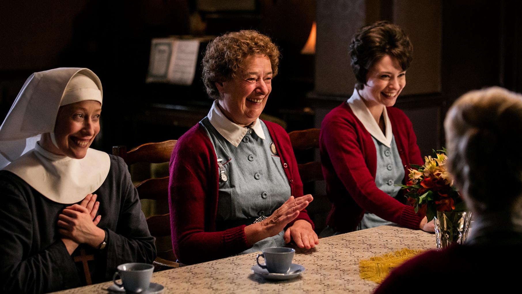 Joy approaches Nonnatus House, in the form of a baby and a wedding. Photo: Neal Street Productions 2016 Sister Winifred, Nurse Crane, and Valerie Dyer in 'Call the Midwife.' Photo: Neal Street Productions 2016