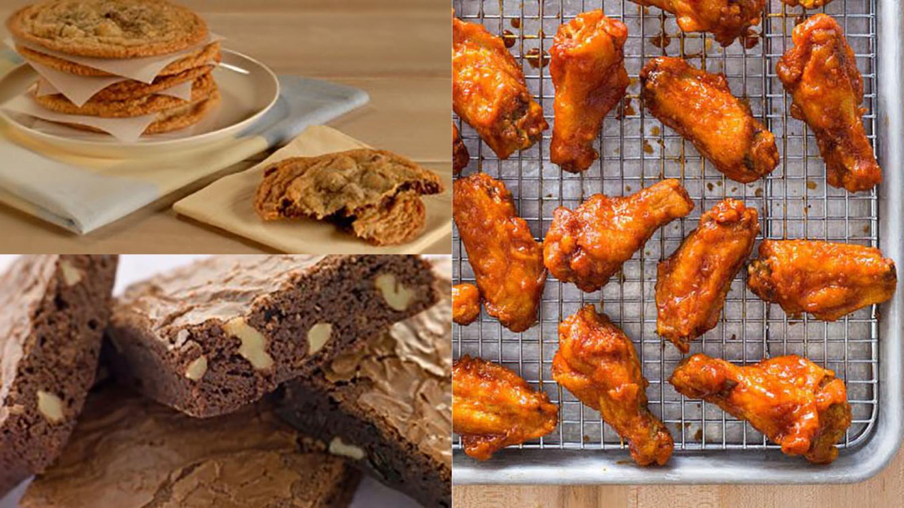 Chocolate Chip Cookies, Korean Fried Chicken Wings, and Brownies.