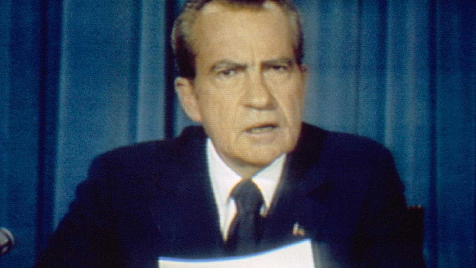 Richard Nixon making his resignation speech on August 8. Richard Nixon making his resignation speech on August 8.