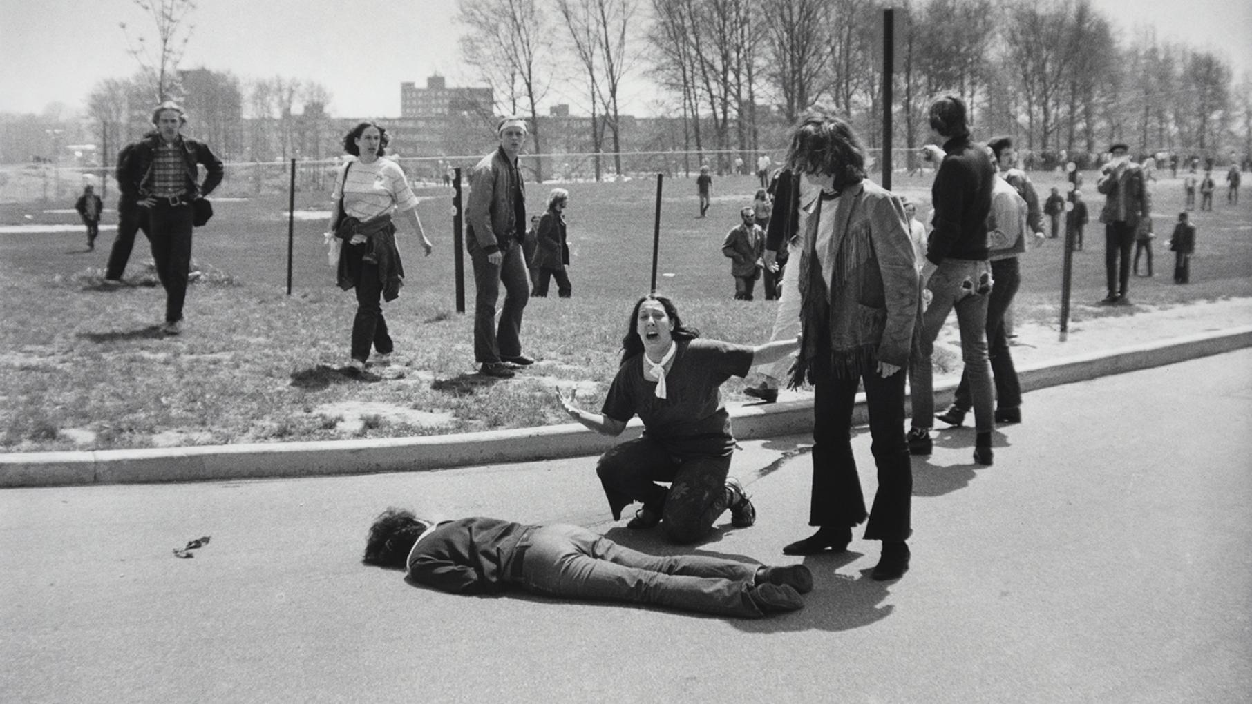 Mary Ann Vecchio kneels over the body of fellow student Jeffrey Miller, who was killed by Ohio National Guard troops during an antiwar demonstration at Kent State University. May 4, 1970. Photo: John Filo/Getty Images