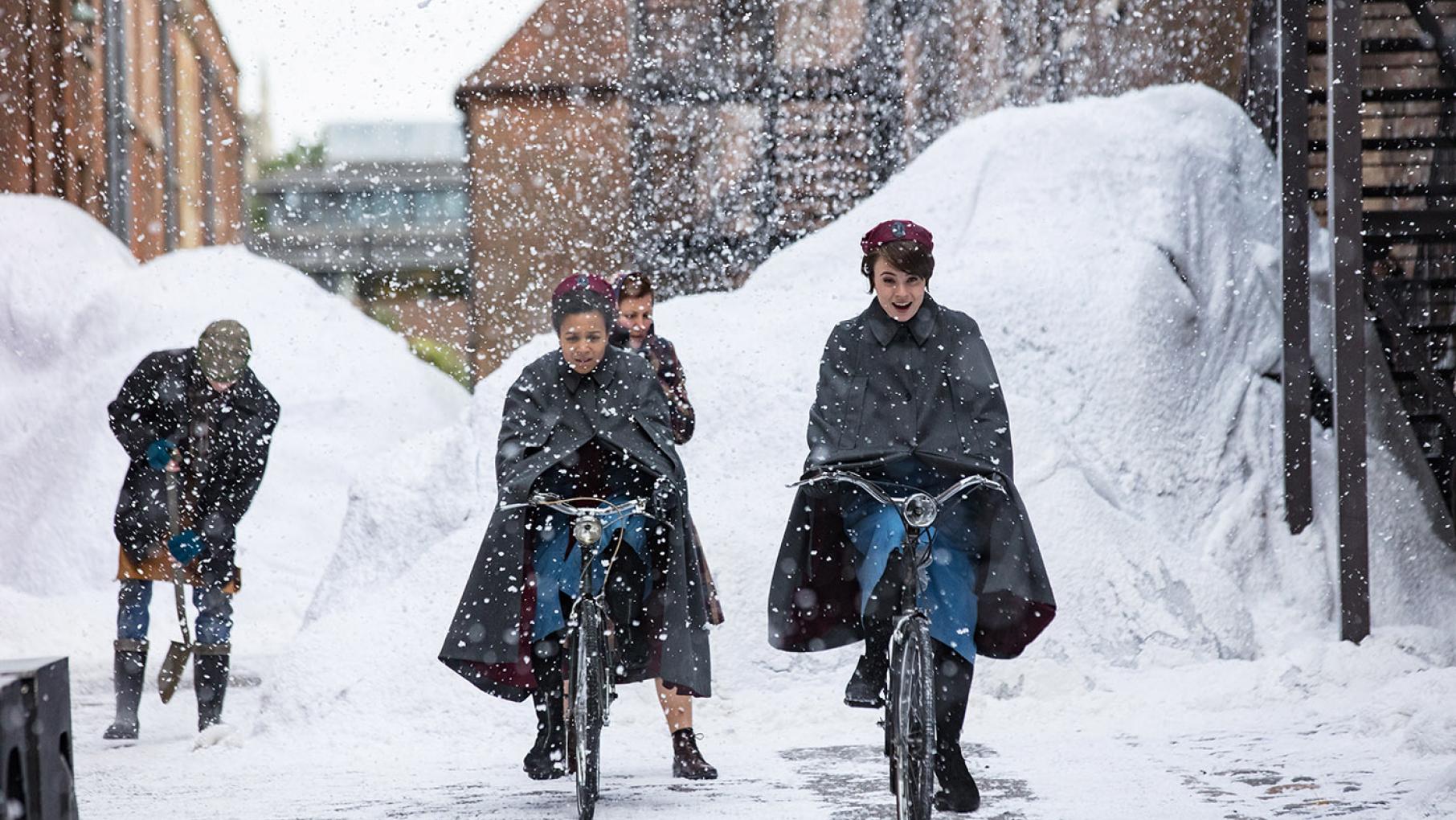 The record-breaking winter of 1963 continues, and Nonnatus House's new midwife is quickly put to work despite difficulties with the snow. Photo: Neal Street Productions 2017 Nurses Lucille Anderson and Valerie Dyer in Call the Midwife. Photo: Neal Street Productions 2017