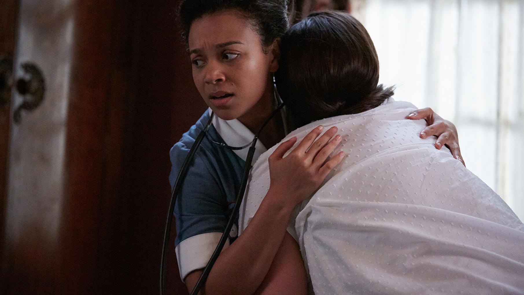 When one of Lucille's patients has a devastating complication, the patient's mother blames Lucille as a result of prejudice. Photo: Neal Street Productions 2017 Nurse Lucille Anderson in Call the Midwife. Photo: Neal Street Productions 2017