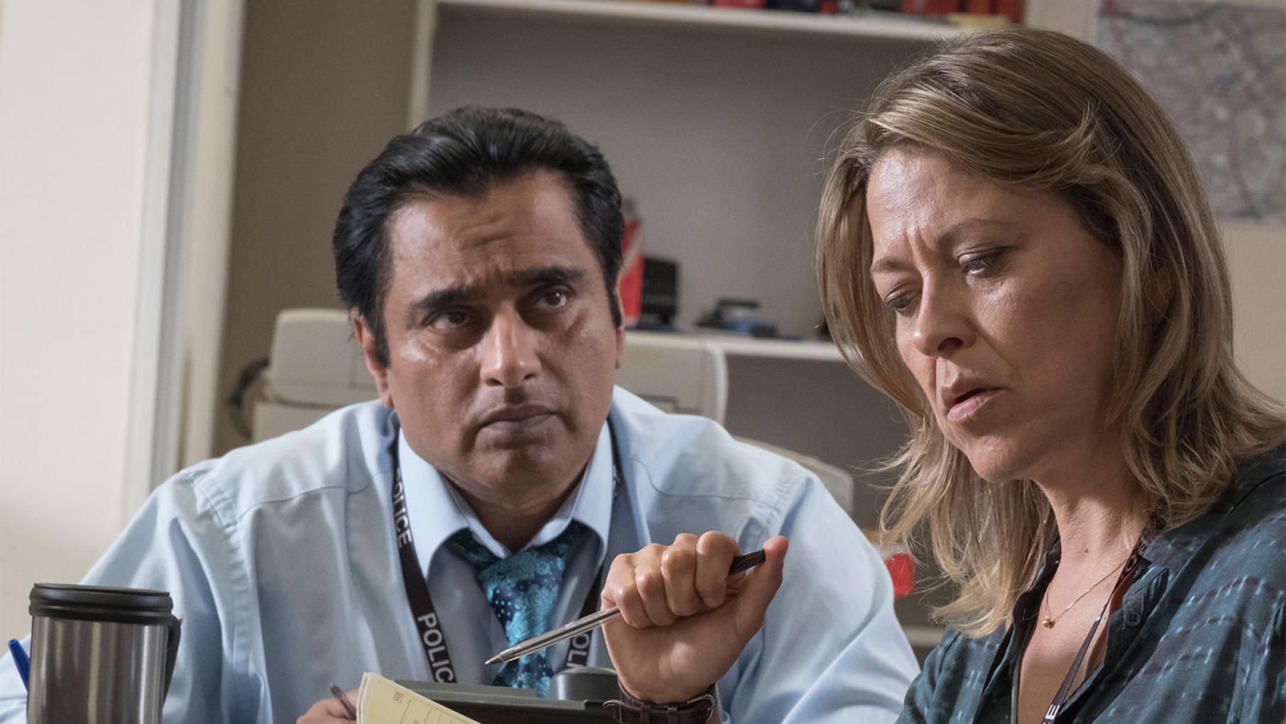 Nicola Walker as DCI Cassie Stuart and Sanjeev Bhaskar as DS Sunny Khan. Photo: John Rogers/Mainstreet Pictures