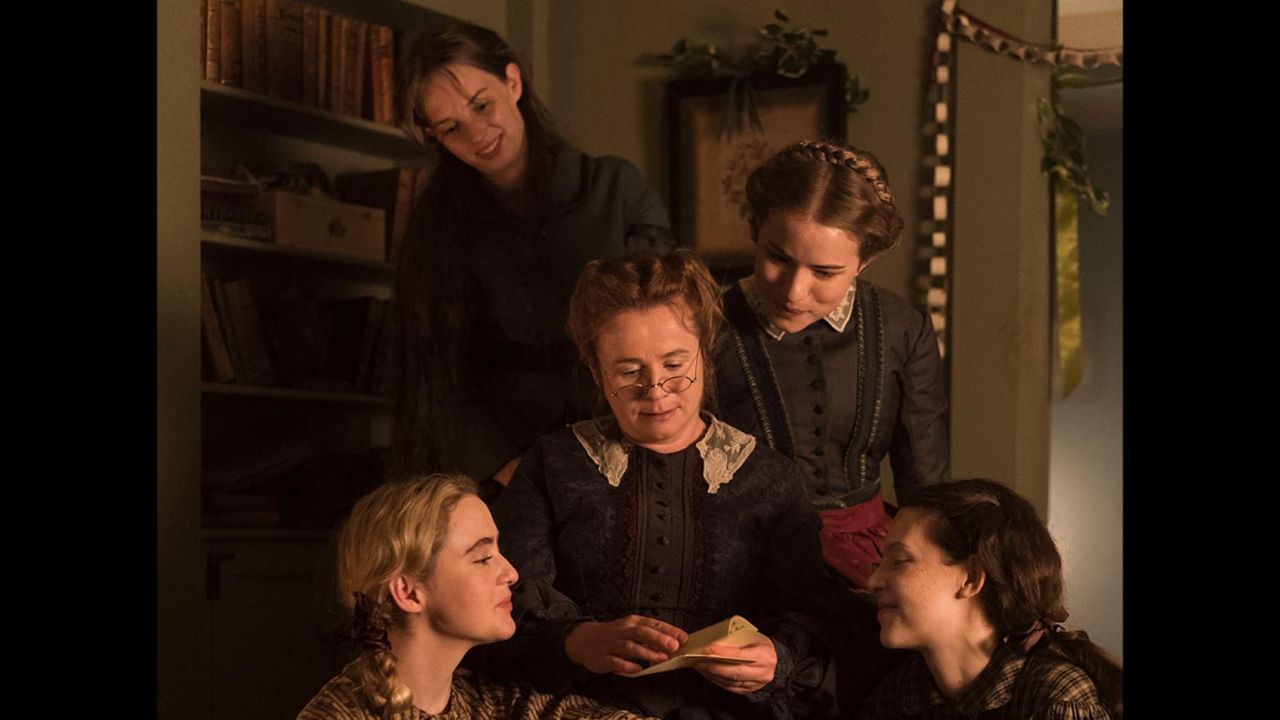 Kathryn Newton as Amy, Maya Hawke as Jo, Willa Fitzgerald as Meg, and Annes Elwy as Beth, and Emily Watson as Marmee in Little Women