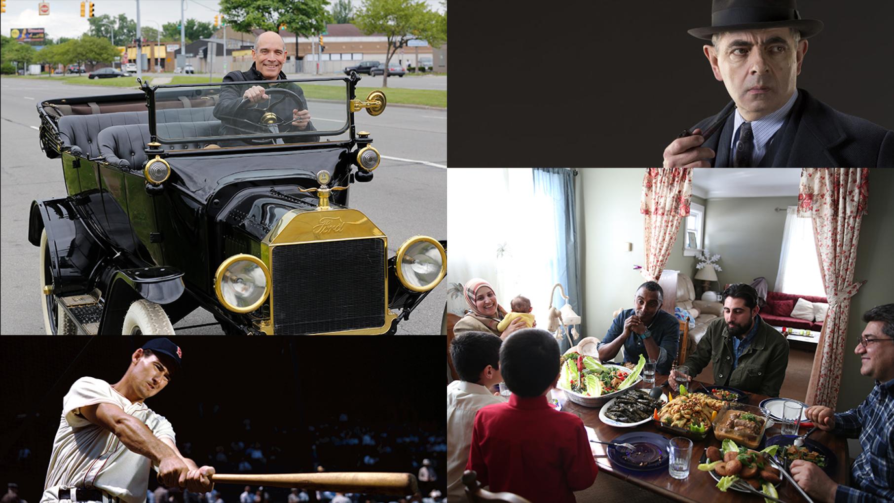 Geoffrey Baer in 10 That Changed America; Rowan Atkinson as Maigret; Marcus Samuelsson in No Passport Required; Ted Williams on the Red Sox. Photos: Christine Carreira; Getty Images.