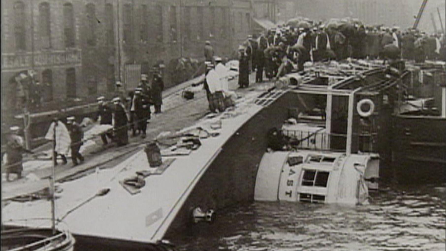 More than 800 people lost their lives when the SS Eastland rolled onto its side in the Chicago River, only twenty feet from shore. Image: From WTTW's 'Chicago Stories' The Eastland Disaster on the Chicago River